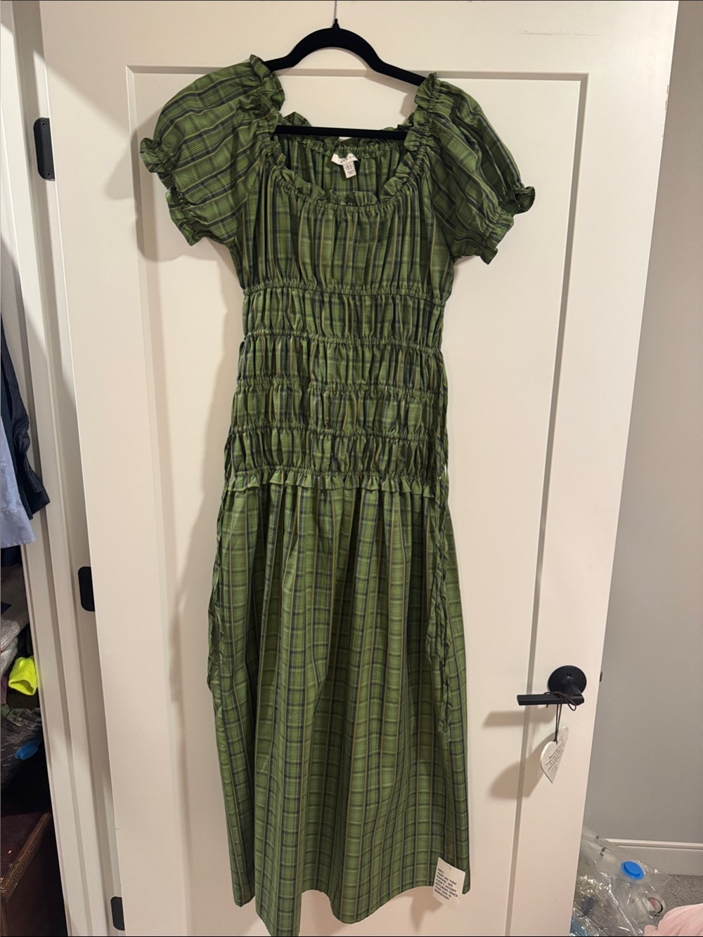Topshop for ASOS Green Plaid Puff-Sleeve Smocked Midi Dress